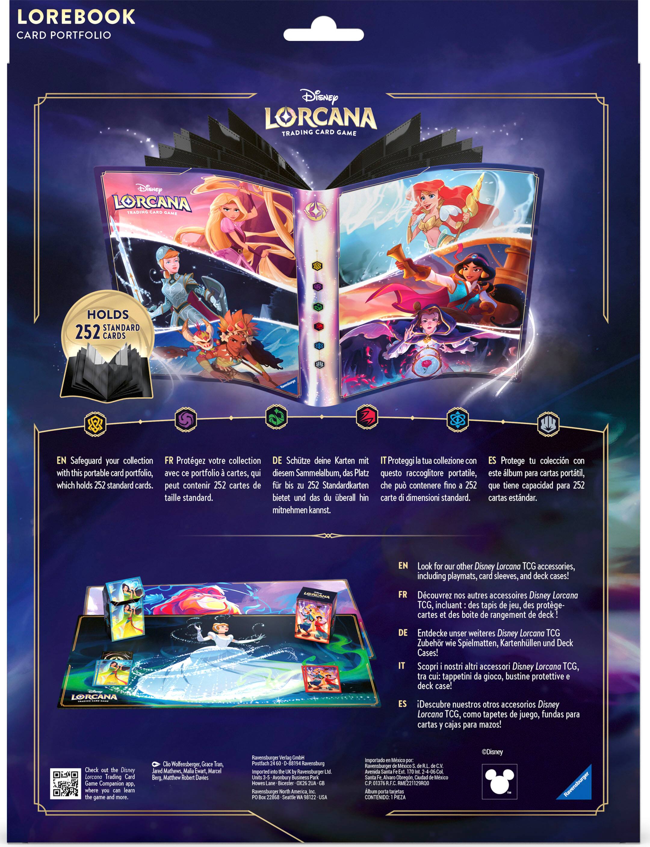 Lorebook Card Portfolio Disney Lorcana Trading Card Game Disney Lorcana Holds Standard 252 Cards EN Safeguard your collection with this portable card portfolio, which holds 252 standard cards. Protegez votre collection avec ce portable album de cartes, qui peut contenir 252 cartes de taille standard. Look for other Disney Lorcana TCG accessories, including playmats, card sleeves, and deck cases! Dcouvrez autres accessoires Disney Lorcana TCG, incluant des tapis jeu, des protge-cartes des boite rangement deck. Entdecke unser weiteres Disney Lorcana TCG Zubehr wie Spielmatten, Kartenhllen und Deck Cases! Scopri nostri altri acc.