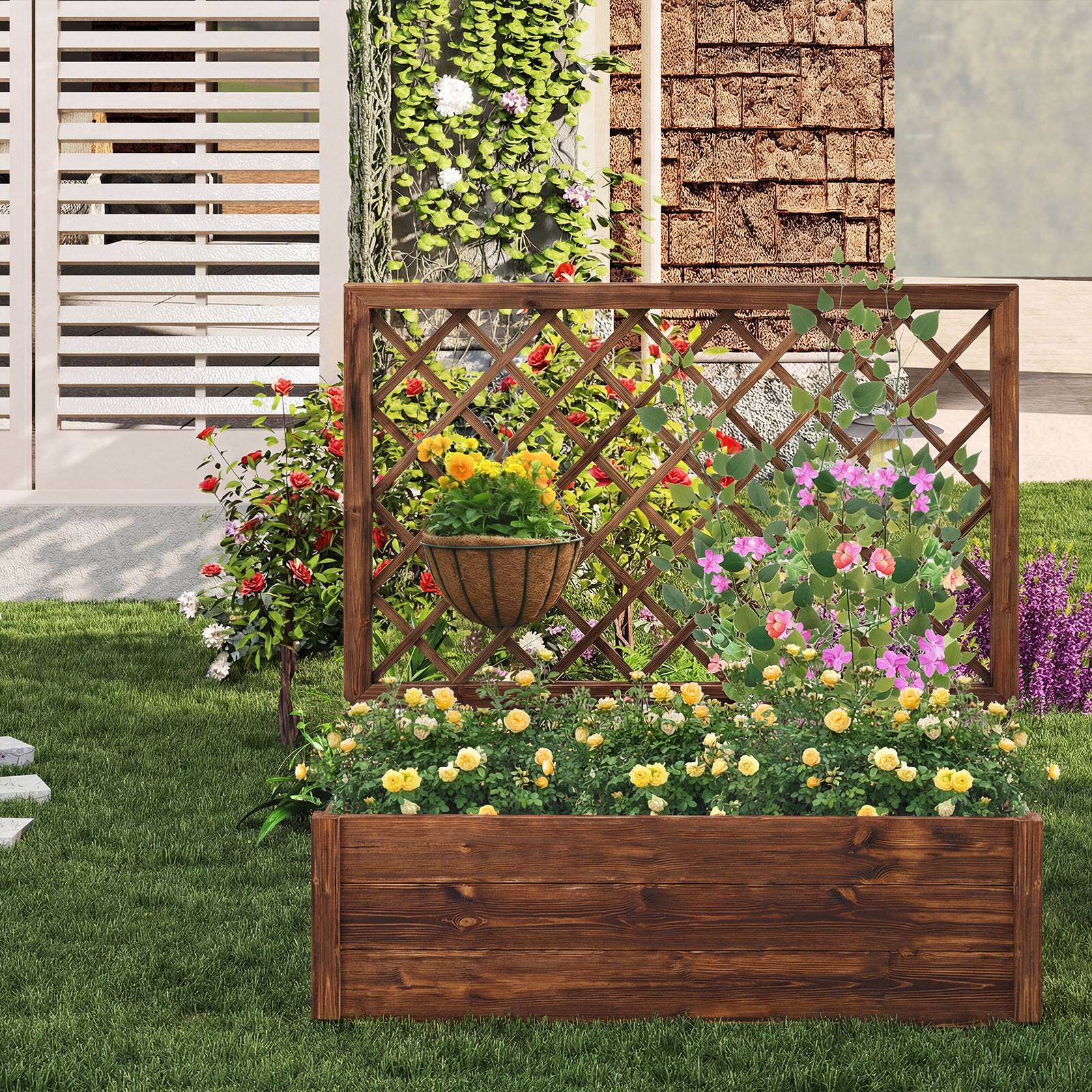 Alt View 3. Costway - Costway 1 PCS 40" Tall Wooden Raised Garden Bed with Lattice Trellis for Climbing Vine Flower - Orange.