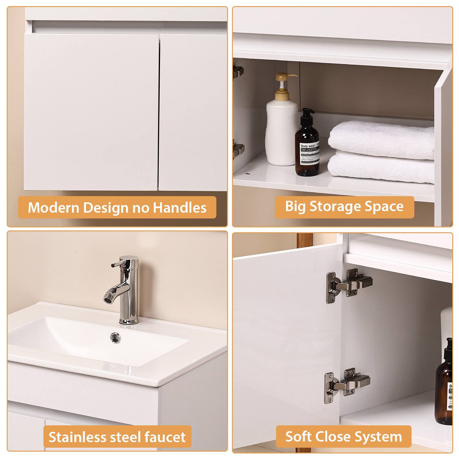 - Modern Design no Handles
- Big Storage Space
- Stainless steel faucet
- Soft Close System