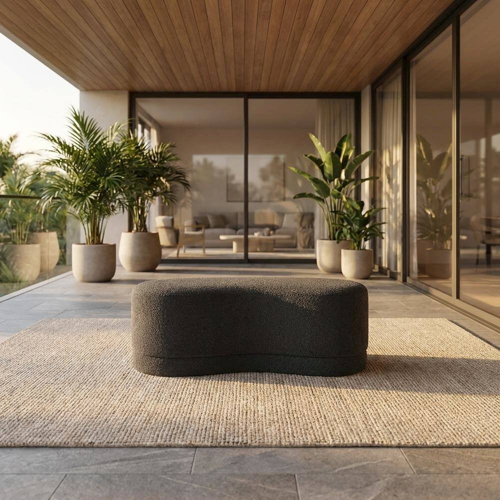 Angle. Outdoor Escape - Upholstered Outdoor Ottoman Bench With Cushioned Top In Neutral Fabric - Gray.