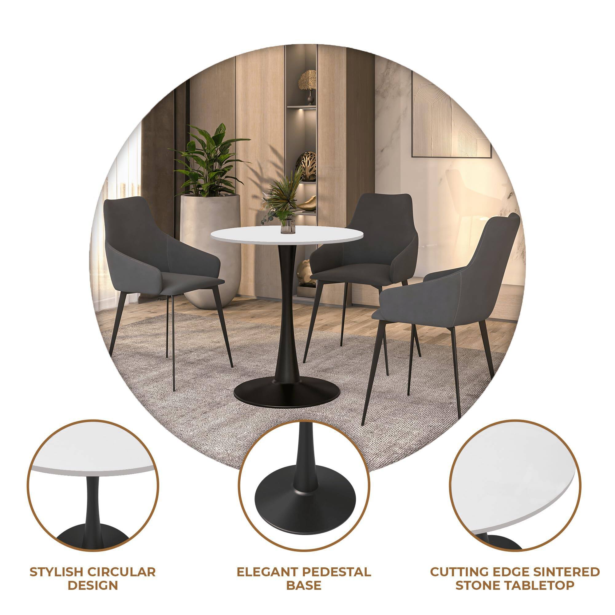 STYLISH CIRCULAR DESIGN  
ELEGANT PEDESTAL BASE  
CUTTING EDGE SINTERED STONE TABLETOP