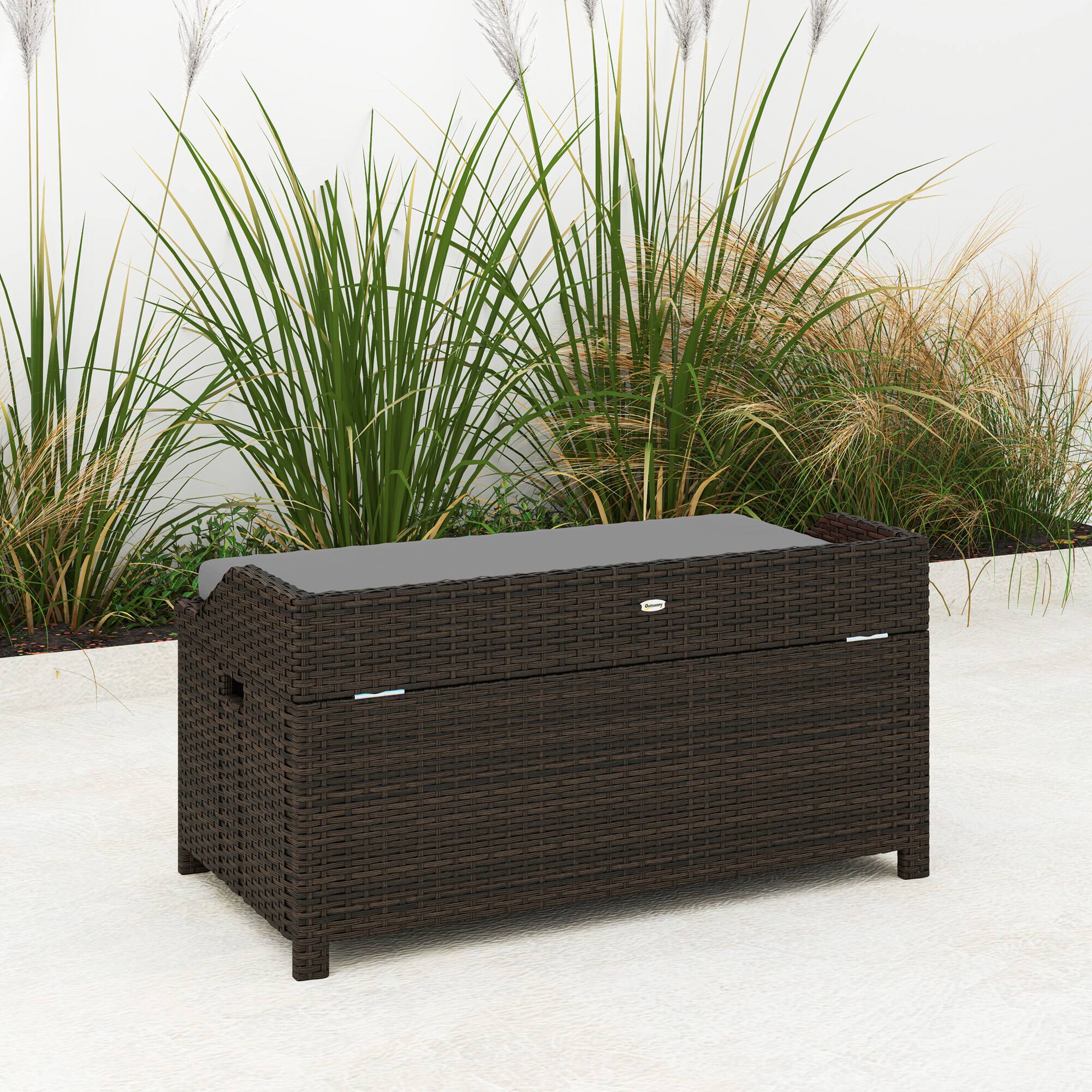 Alt View 7. Outsunny - 34 Gallon Outdoor Wicker Storage Bench Deck Box, PE Rattan Patio Furniture Pool Storage Bin Container - Gray.