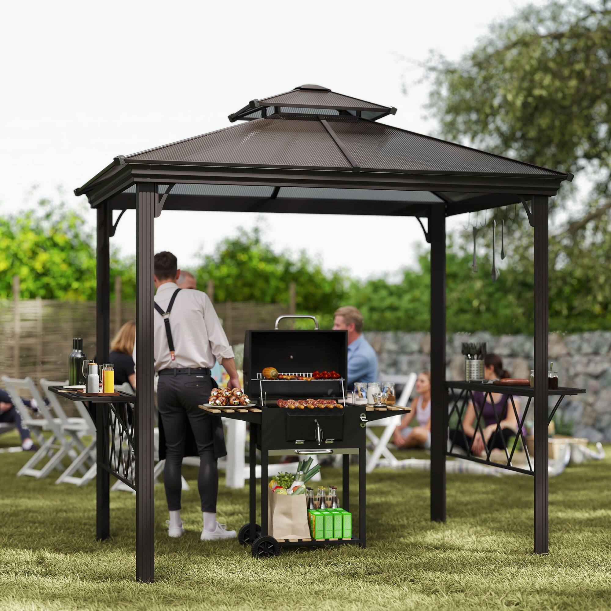 Alt View 1. Outsunny - 9 x 5 ft. Grill Gazebo, Hardtop BBQ Gazebo Canopy with 2-Tier Polycarbonate Roof, Shelves, Serving Tables - Coffee.