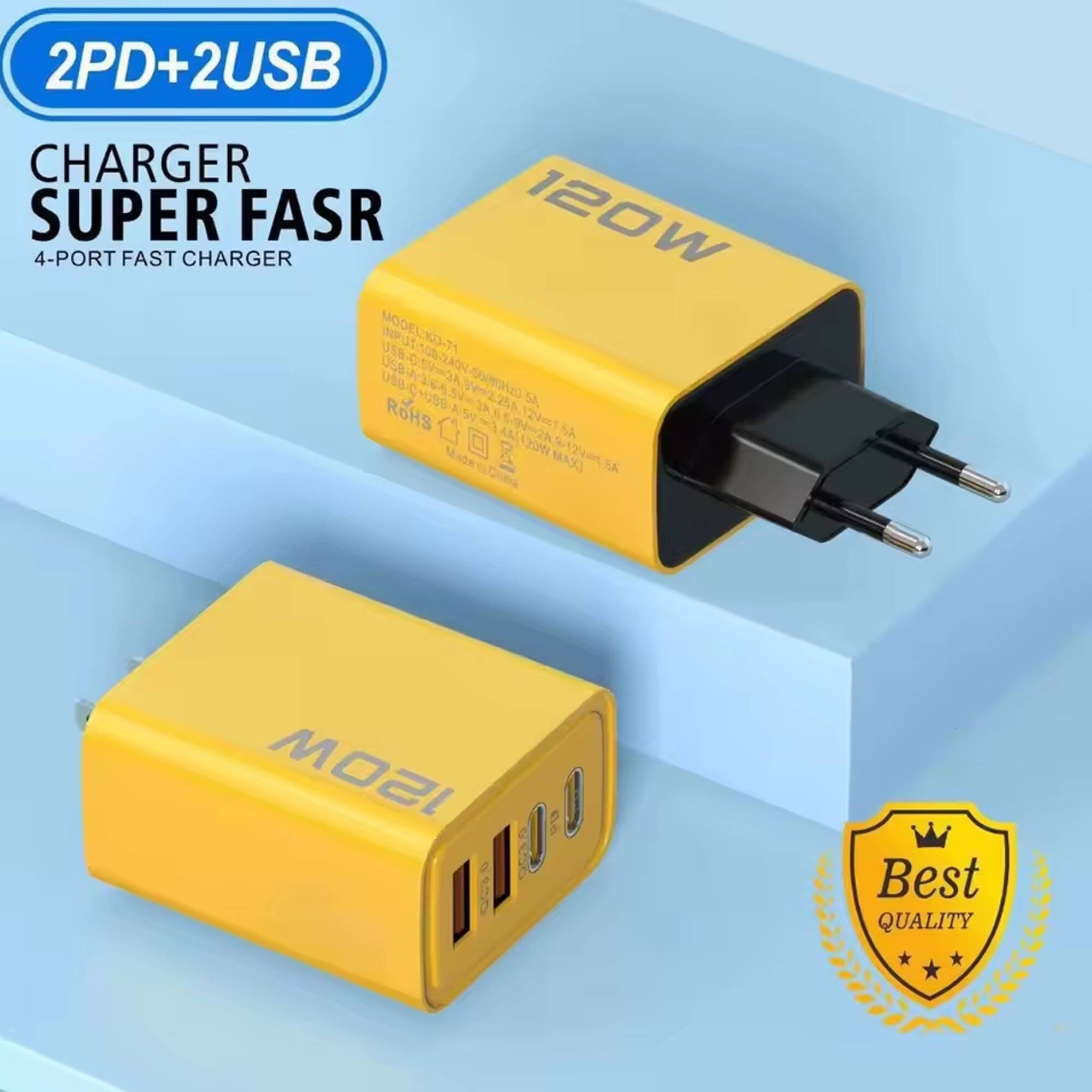 2PD+2USB  
CHARGER SUPER FASR  
4-PORT FAST CHARGER  

MODEL: KO-71  
USB1: 5V-3A, 9V-2.25A, 12V-1.5A (MAX)  
USB2: 5V-3A, 9V-2.25A, 12V-1.5A (MAX)  
USB3: 5V-3A, 9V-2.25A, 12V-1.5A (MAX)  
USB4: 5V-3A, 9V-2.25A, 12V-1.5A (MAX)  

RoHS  
Made in China  

Best QUALITY