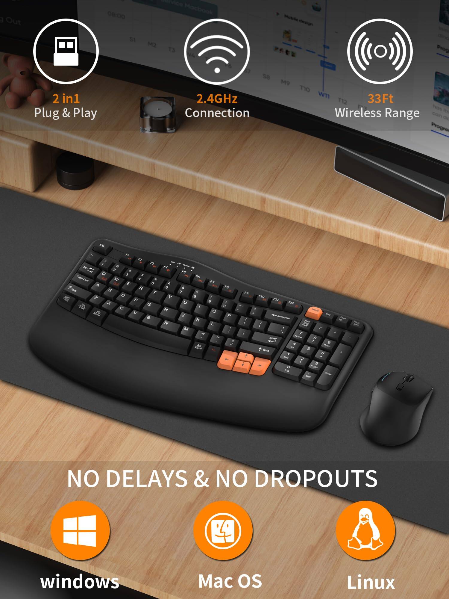 Out | 08:00 51 service Macbook M2 13 Motche derign cine Prog 2 in1 Plug & Play s8 2.4GHz Connection M9 T10 wn1 33Ft 112 has a Wireless Range can de Progre En FI . M 1 F - -  2 - .  E a - W a & L A E a  R - S T Z D F x a e  V B eE A e Y H N - - FB FE  a FS 7 . a o U a : - . D  P K L M - . - - 2 4 FS .  F . FA PL P12 - 1 - . #  2 4 7 - - 8   9 4 PET  - a . e - - 2 :  E - - - ~ - I - NO DELAYS & NO DROPOUTS  windows Mc os Linux

---

**Corrected Text:**

- 2 in 1 Plug & Play
- 2.4GHz Connection
- 33Ft Wireless Range
- NO DELAYS & NO DROPOUTS
