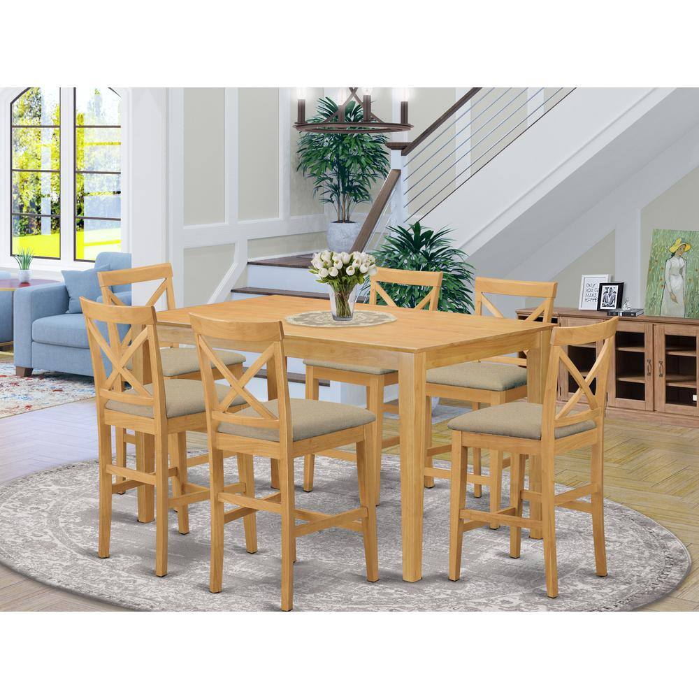 Back. East West Furniture - CAPB7H-OAK-C 7 Pc counter height Dining room set-pub Table and 6 bar stools with backs - Oak.