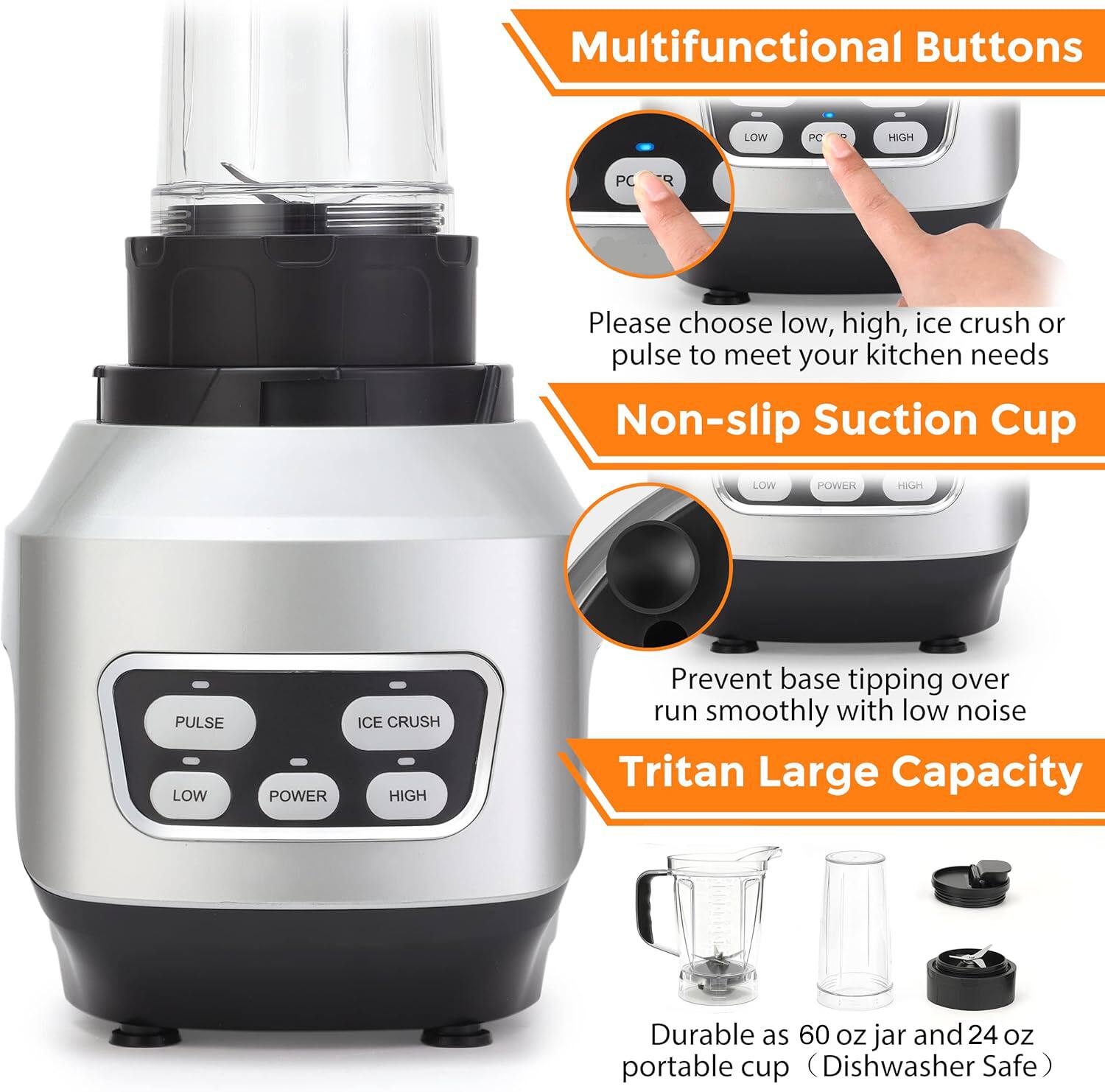 Multifunctional Buttons  
LOW PC HIGH PC R  
Please choose low, high, ice crush or pulse to meet your kitchen needs  

Non-slip Suction Cup  
LOW POWER HIGH PULSE LOW POWER ICE CRUSH HIGH  
Prevent base tipping over run smoothly with low noise  

Tritan Large Capacity  
Durable as 60 oz jar and 24 oz portable cup (Dishwasher Safe)