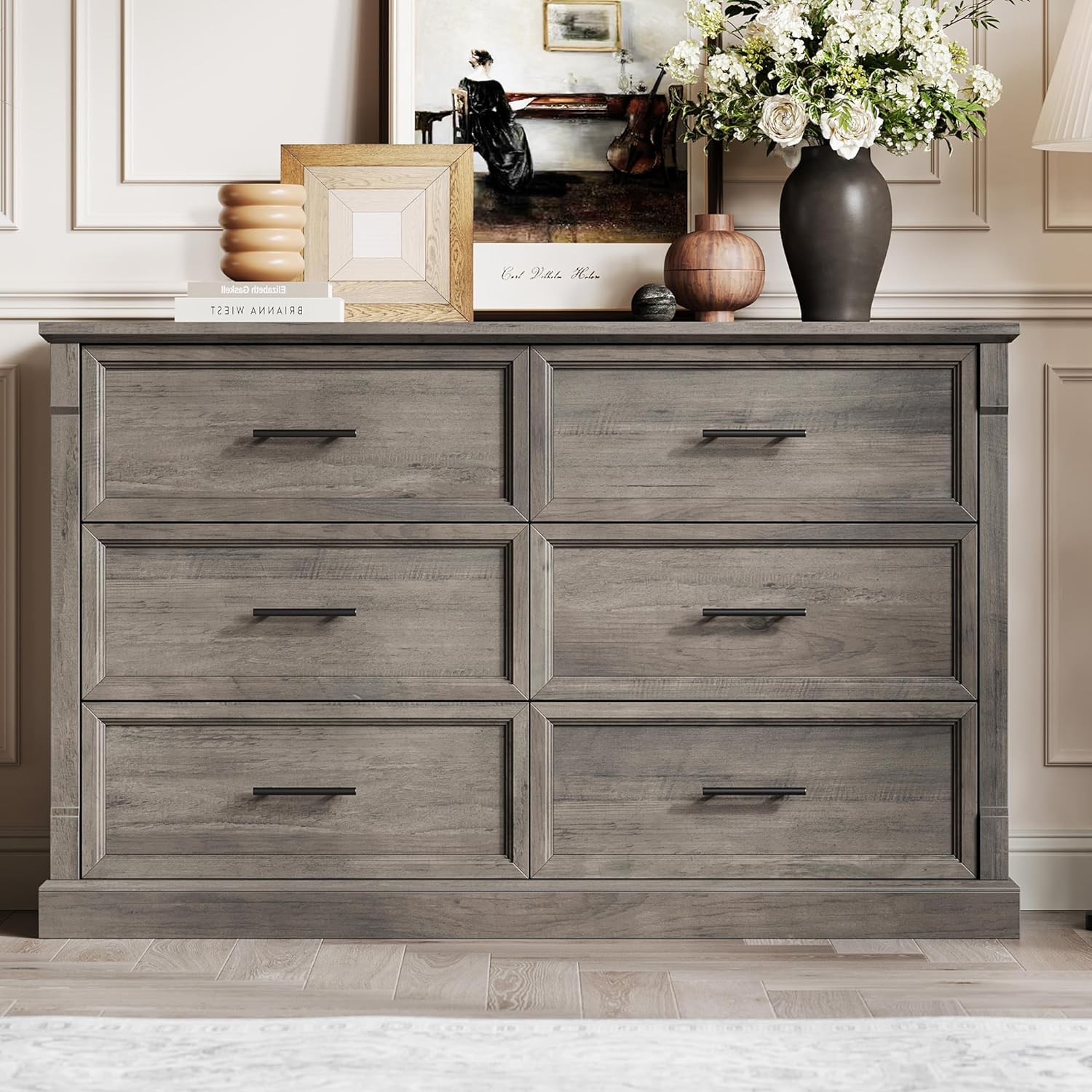 Homhougo - 47" Farmhouse 6 Drawer Dresser, Rustic Wood Chest Organizer, Bedroom Storage Cabinet for Living Room, Hallway, Entryway - Gray