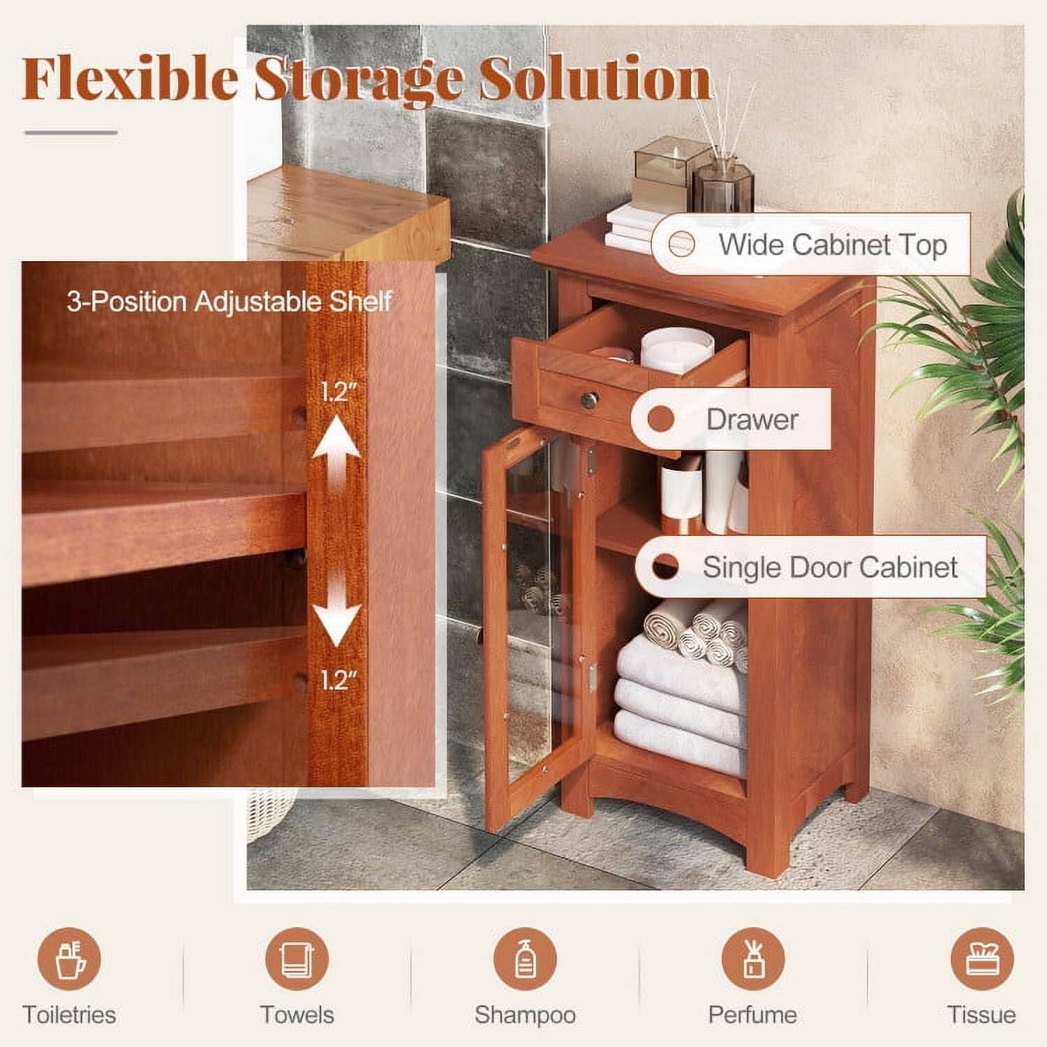 Flexible Storage Solution

- Wide Cabinet Top
- 3-Position Adjustable Shelf
- 1.2" Drawer
- Single Door Cabinet

Toiletries, Towels, Shampoo, Perfume, Tissue