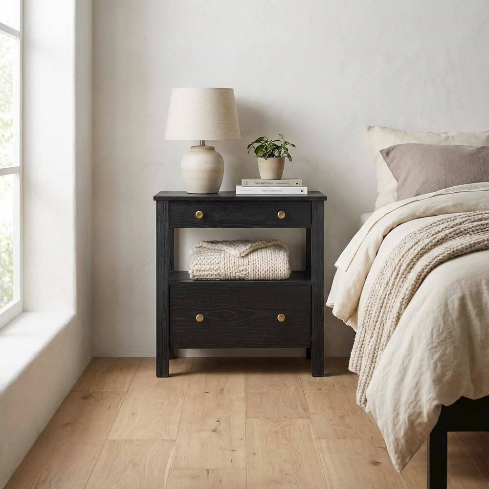 Left. FurniFact - Black Nightstand, 2 Drawers, Modern Design, Sturdy Poplar, Veneer Construction - Black.