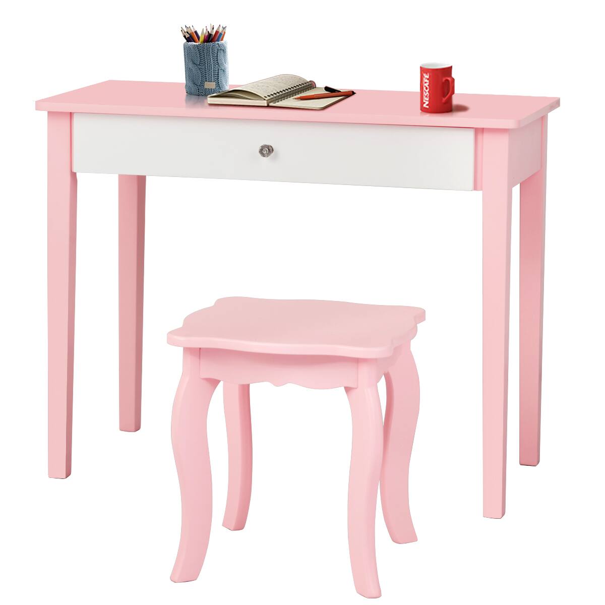 Alt View 4. Costway - Costway Kids Vanity Set Princess Makeup Dressing Play Table Set W/Mirror - Pink.