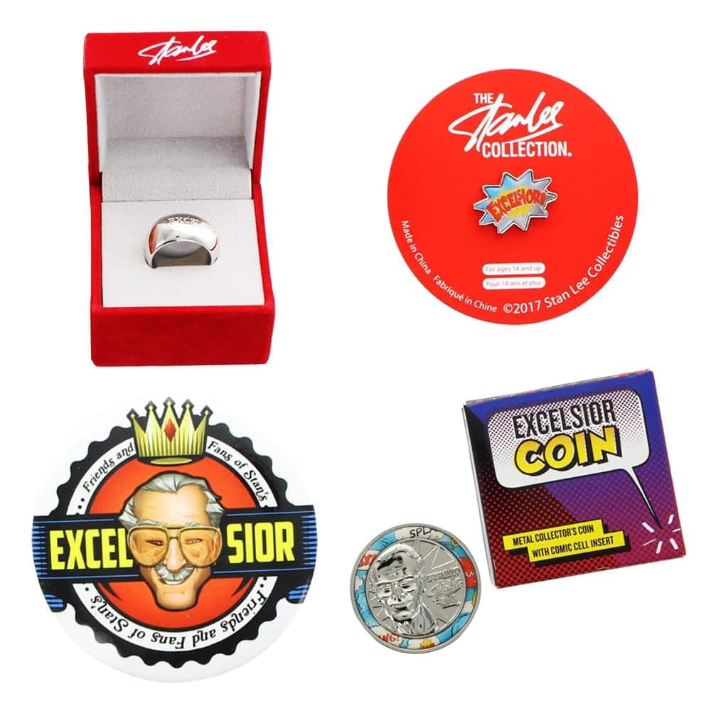 Toynk - Stan Lee Excelsior 4 Piece Set with Coin, Button Pin, Enamel Pin, & Ring - Silver