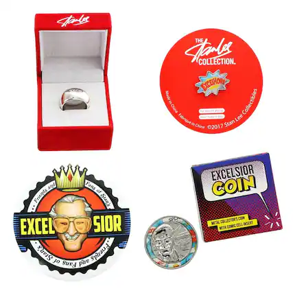 Starl's THE Stan Lee COLLECTION. EXCELSIOR! Made in China For ages 14 and up Collectibles Pour et plus Lee Fabriqué in Stan Chine 2017 and Fans of Stan's EXCEL SIOR F Stan's Jo riends Fans and SPL NO EXCEI SIOR COIN COLLECTOR'S COIN METAL CELL INSERT WITH COMIC AN