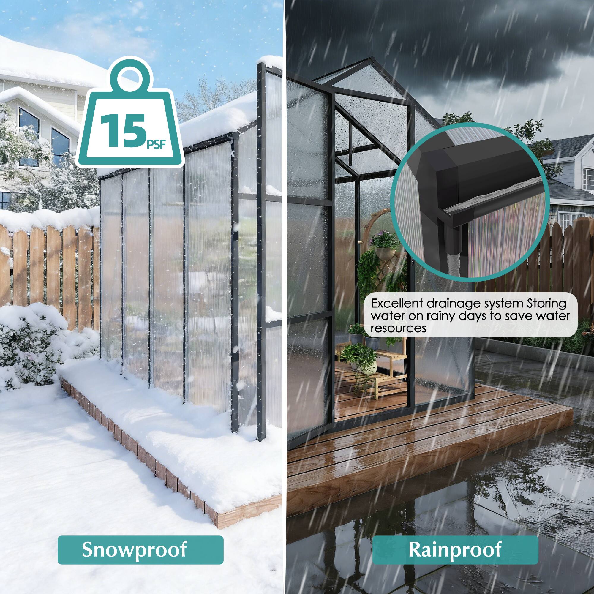 15 PSF  
Excellent drainage system  
Storing water on rainy days to save water resources  
Snowproof  
Rainproof
