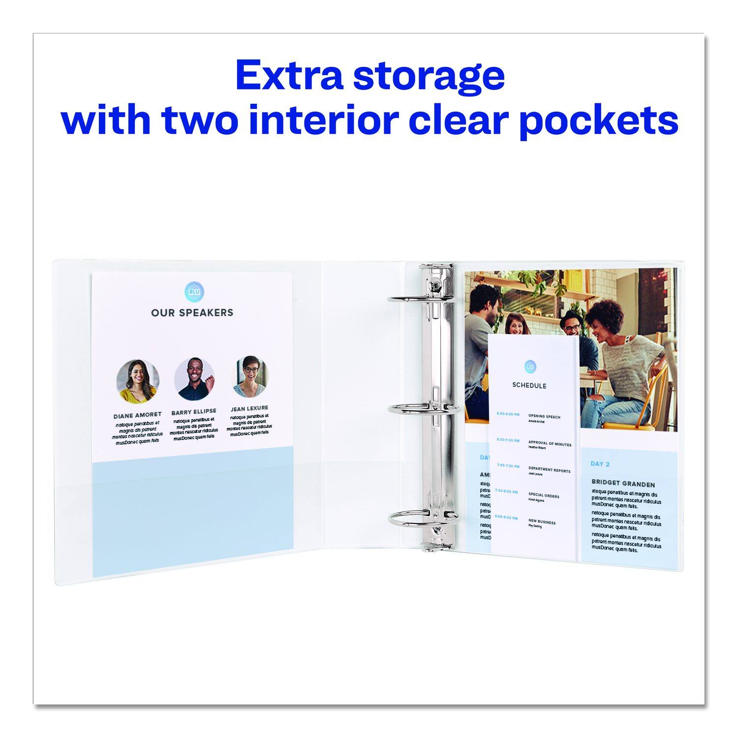 Extra storage with two interior clear pockets

OUR SPEAKERS
DIANE AMORST
BARRY ELLIPSE
JEAN LEXURE

SCHEDULE
DAY 1
AM
7:00 AM - 8:00 AM
BREAKFAST
8:00 AM - 9:00 AM
KEYNOTE SPEECH
9:00 AM - 10:00 AM
BREAK
10:00 AM - 11:00 AM
SESSION 1
11:00 AM - 12:00 PM
SESSION 2
12:00 PM - 1:00 PM
LUNCH
1:00 PM - 2:00 PM
SESSION 3
2:00 PM - 3:00 PM
SESSION 4
3:00 PM - 4:00 PM
BREAK
4:00 PM - 5:00 PM
SESSION 5
5:00 PM - 6:00 PM
SESSION 6

DAY 2
AM
7:00 AM - 8:00 AM
BREAKFAST
8:00 AM