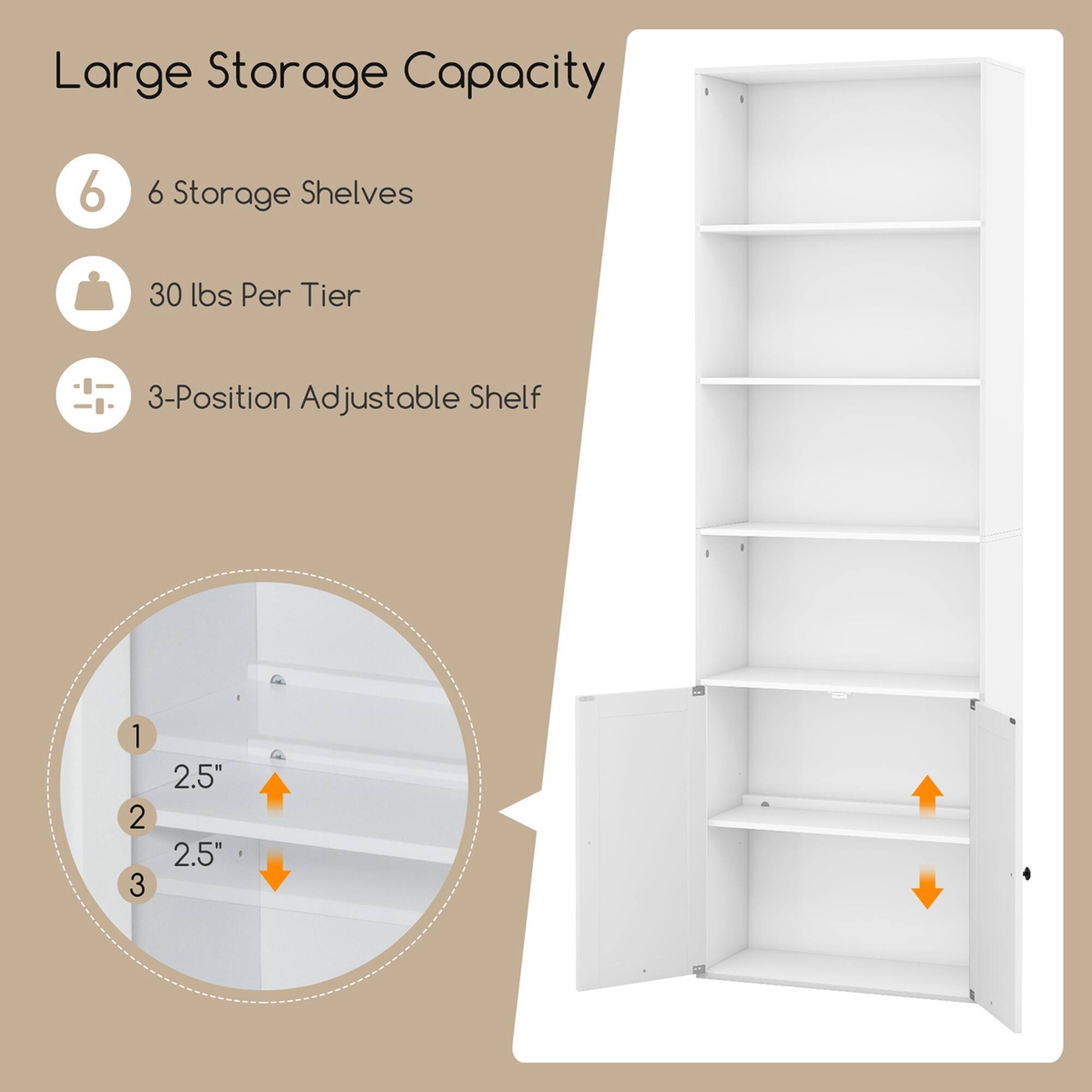 Large Storage Capacity: 6 shelves with a total of 30 lbs per tier. 3-position adjustable shelf.