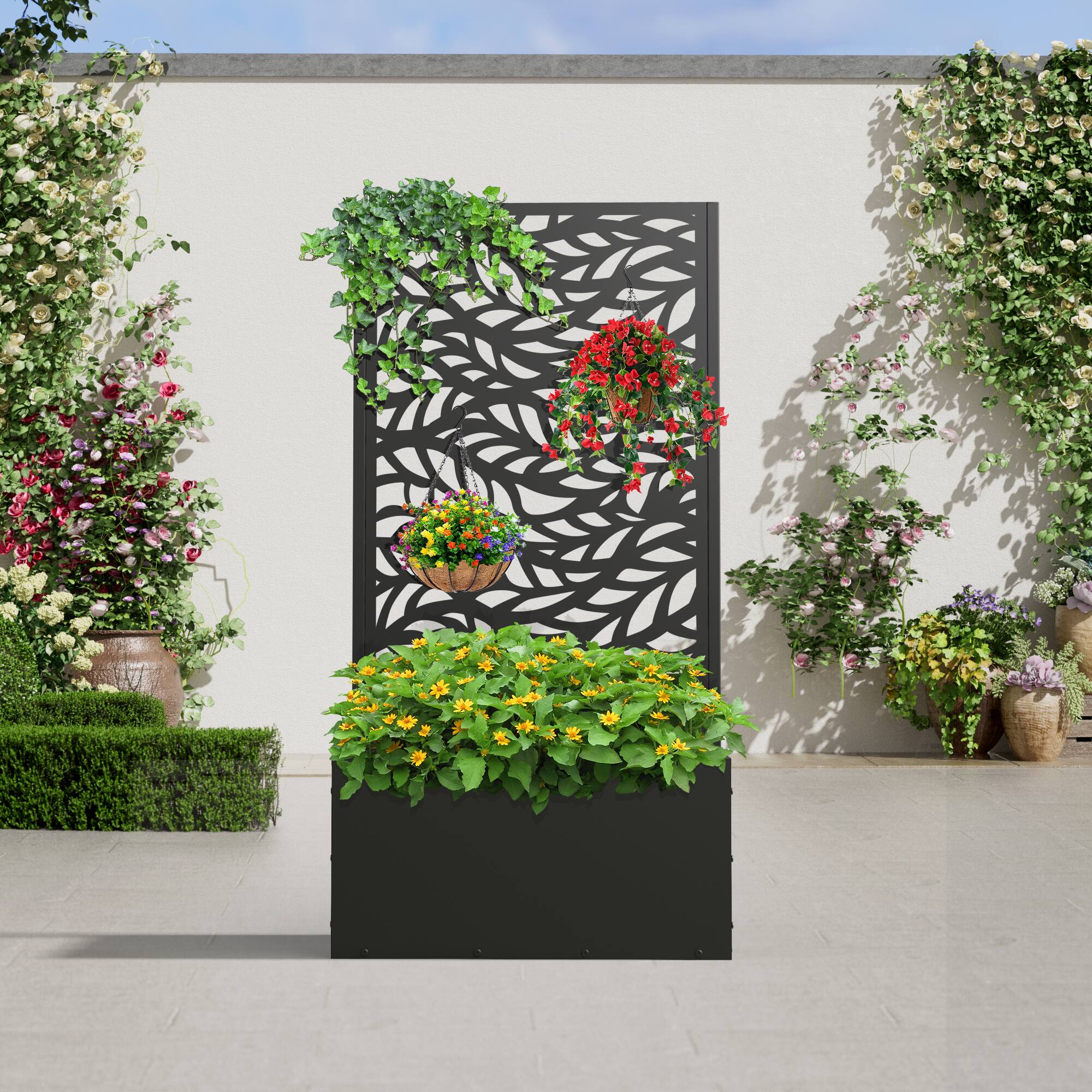 PexFix - 47 in. H x 24 in. W Spring Pattern Rectangle Metal Planter Box Raised Garden Beds with Trellis-Ideal for Balcony - Black