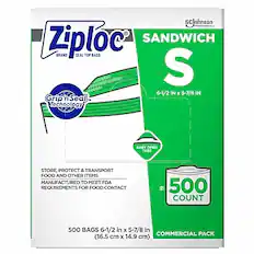 ScJohnson Ziploc SANDWICH BRAND SEAL TOP BAGS S
6-1/2 IN x 5-7/8 IN
Grip' n Seal Technology
EASY OPEN TABS
STORE, PROTECT & TRANSPORT FOOD AND OTHER ITEMS
MANUFACTURED TO MEET FDA REQUIREMENTS FOR FOOD CONTACT
500 COUNT
500 BAGS 6-1/2 in x 5-7/8 in (16.5 cm x 14.9 cm)
COMMERCIAL PACK