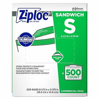 ScJohnson Ziploc SANDWICH BRAND SEAL TOP BAGS S
6-1/2 IN x 5-7/8 IN
Grip' n Seal Technology
EASY OPEN TABS
STORE, PROTECT & TRANSPORT FOOD AND OTHER ITEMS
MANUFACTURED TO MEET FDA REQUIREMENTS FOR FOOD CONTACT
500 COUNT
500 BAGS 6-1/2 in x 5-7/8 in (16.5 cm x 14.9 cm)
COMMERCIAL PACK