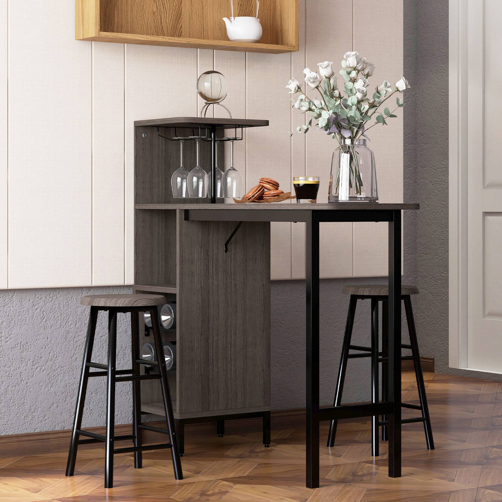 Alt View 10. Ecooso - 3 Piece Bar Table and Chairs Set with 6 Bottle Wine Rack for Home Kitchen Bar - Brown.