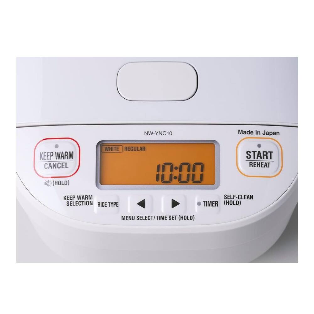 NW-YNC10  
Made in Japan  

KEEP WARM CANCEL (HOLD)  
WHITE REGULAR  
10:00  
START REHEAT  
SELF-CLEAN (HOLD)  
TIMER (HOLD)  
MENU SELECT/TIME SET (HOLD)  
KEEP WARM SELECTION  
RICE TYPE