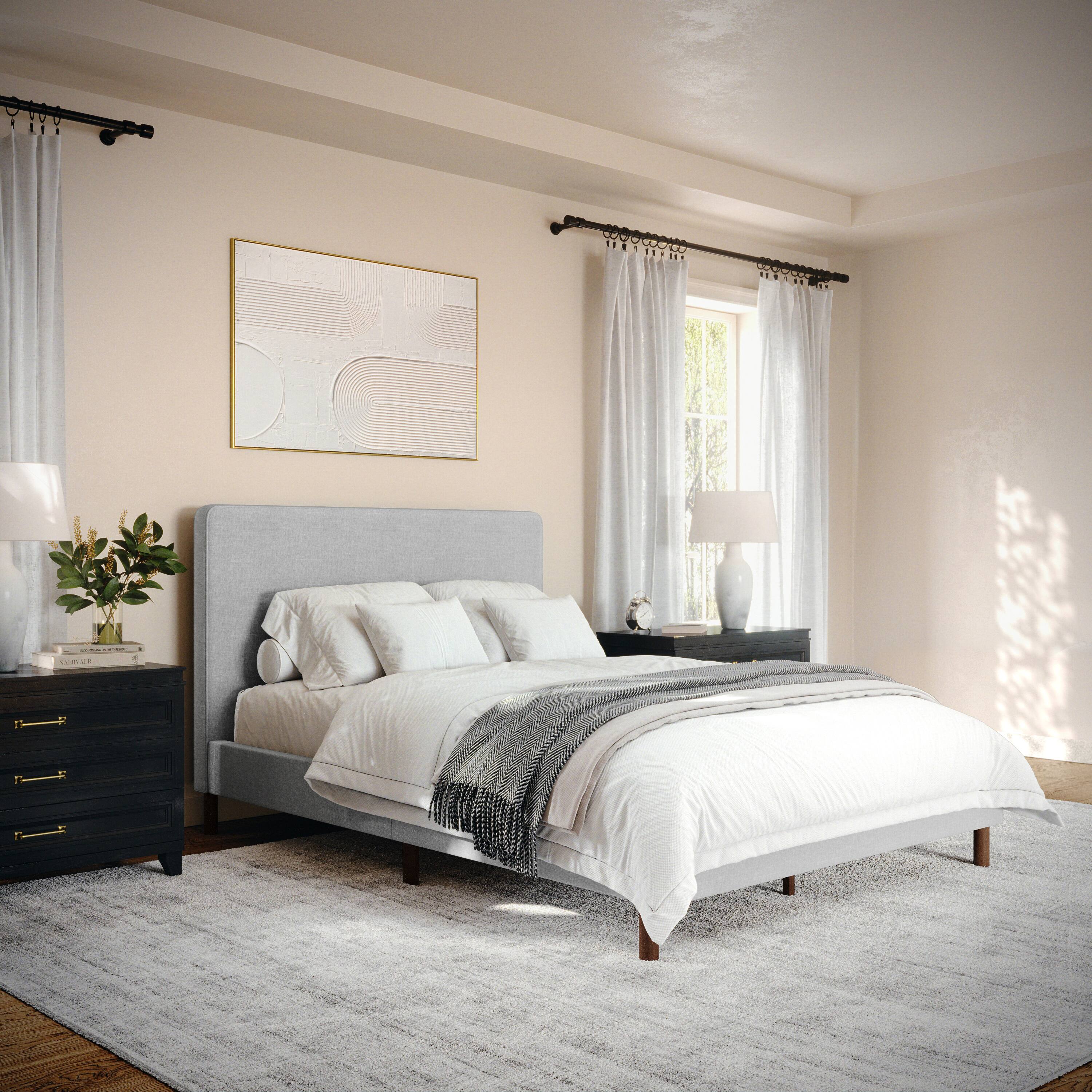 Alt View 14. Martha Stewart - Britta Faux Linen Upholstered Full Size Platform Bed with Piped Headboard - Gray Fabric/Walnut Legs.