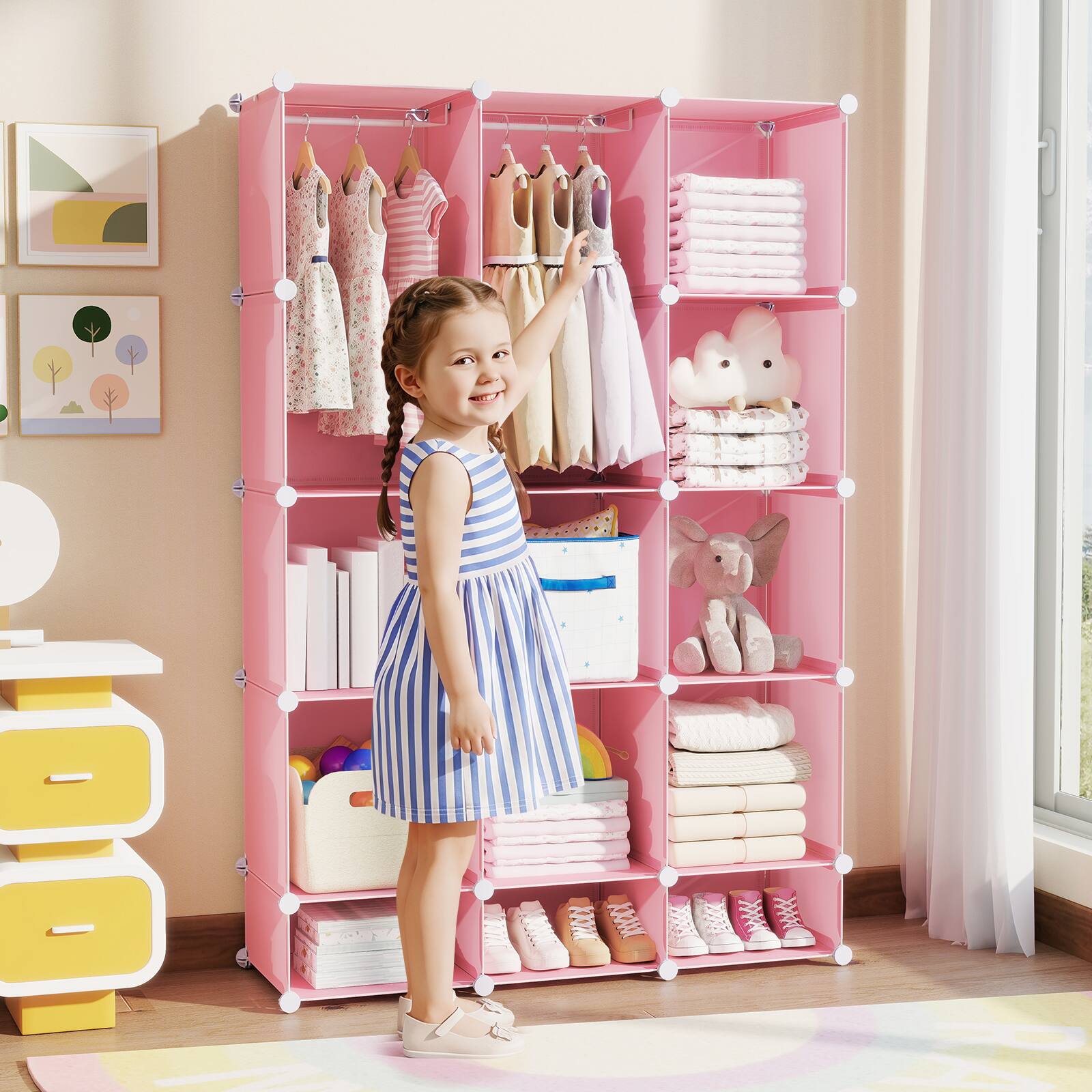 Alt View 1. Costway - Costway 13-Cube Modular Baby Wardrobe Closet with Hanging Rods & Open Shelves for Clothes - Pink.