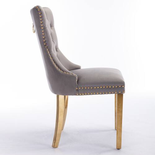 Angle. LUCKY ONE - Assembled Tufted Velvet Dining Chair Set of 2 with Chrome Stainless Steel Legs Nailhead Trim - Gray.