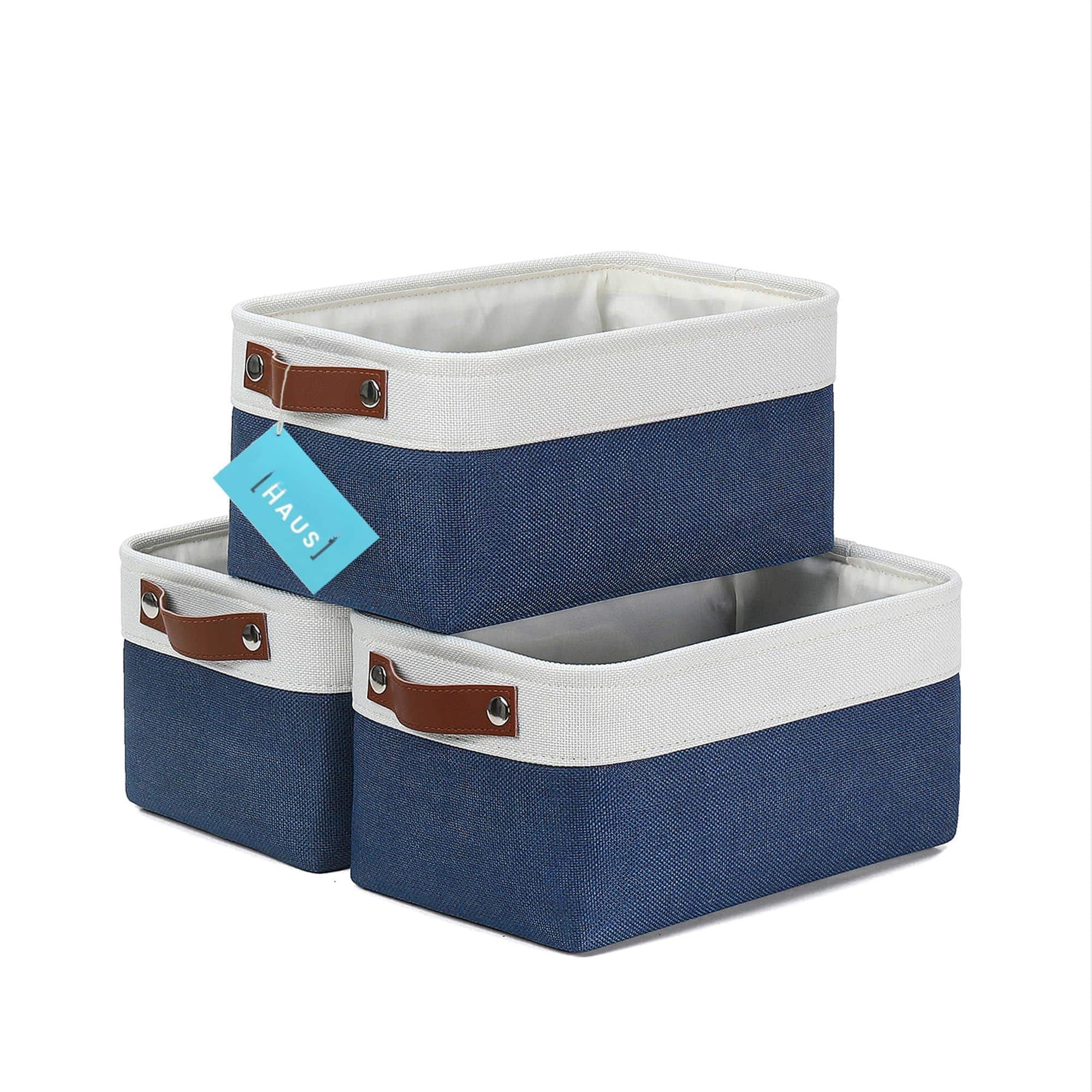 Dapper Styles - Fabric Storage Baskets For Shelves 15x11in Closet Bins Cloth Organizing Linen Organizers Basket - Navy Blue / Off-White-Large - 3pc
