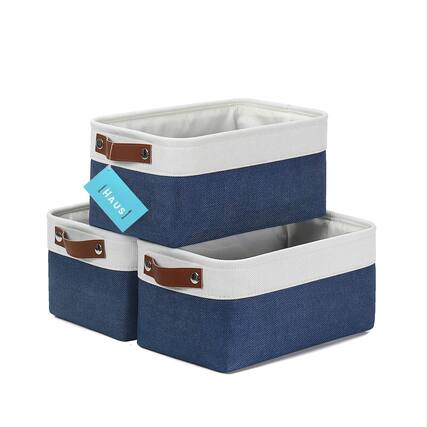Front. Dapper Styles - Fabric Storage Baskets For Shelves 15x11in Closet Bins Cloth Organizing Linen Organizers Basket - - Navy Blue / Off-White-Large - 3pc.