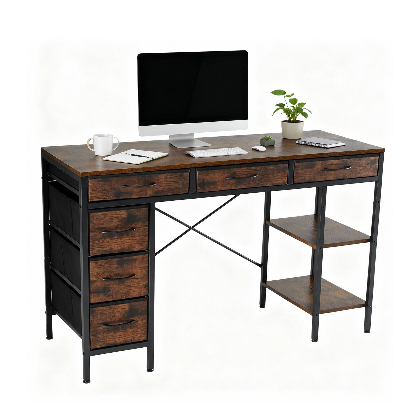 Angle. Bestier - 47-inch Computer Desk with 6 Fabric Drawers,Adjustable Storage Shelf,Metal Desk for Home Office & Gaming - brown.