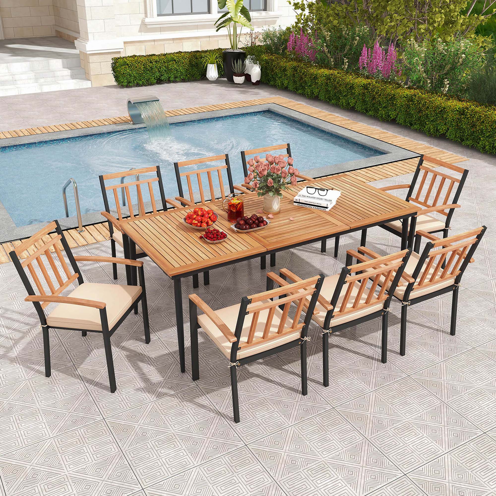 Alt View 1. Costway - 9 PCS Patio Dining Set 79" Rectangle Dining Tables with 8 Wooden Armchairs - Natural & Black.