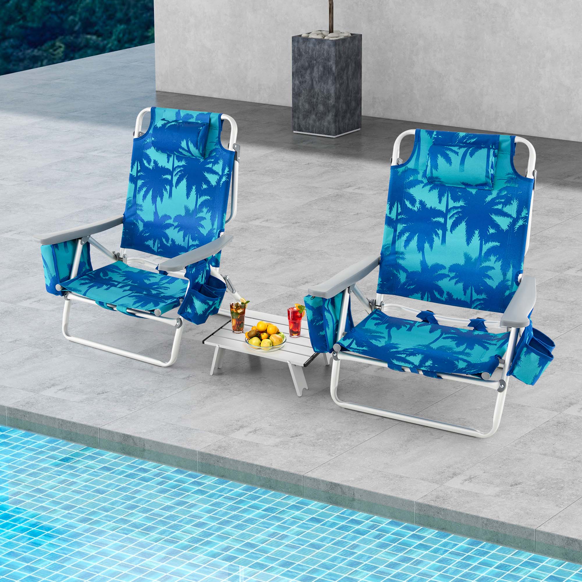 Alt View 1. Costway - Costway 2-Pack Folding Backpack Beach Chair Table Set 5-Position Outdoor Reclining Chair - Navy.