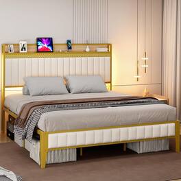 GARVEE - White & Upholstered Platform Bed with LED Light, Charging Station & Storage Headboard, Noise Free - Gold