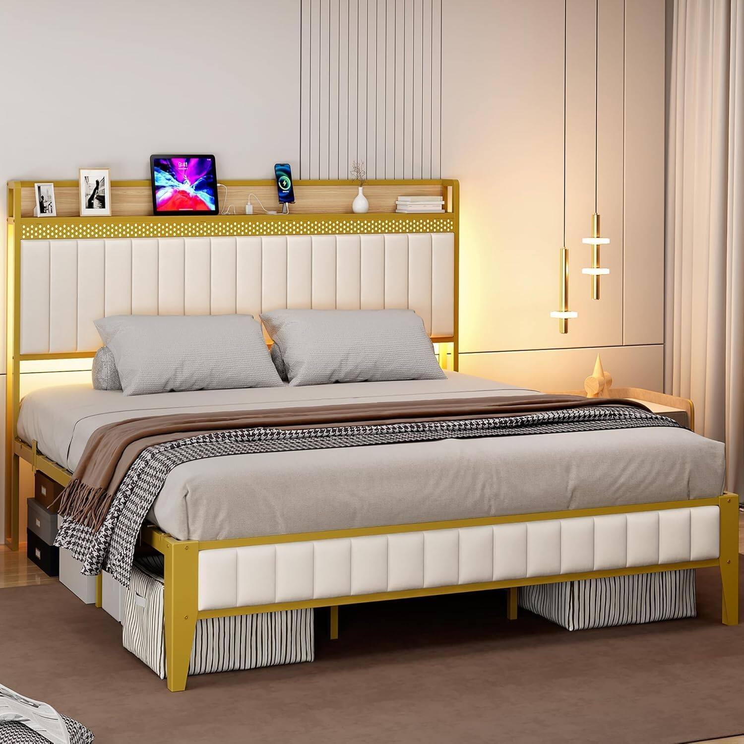Front. GARVEE - White & Gold Upholstered Platform Bed with LED Light, Charging Station & Storage Headboard, Noise Free - Gold.