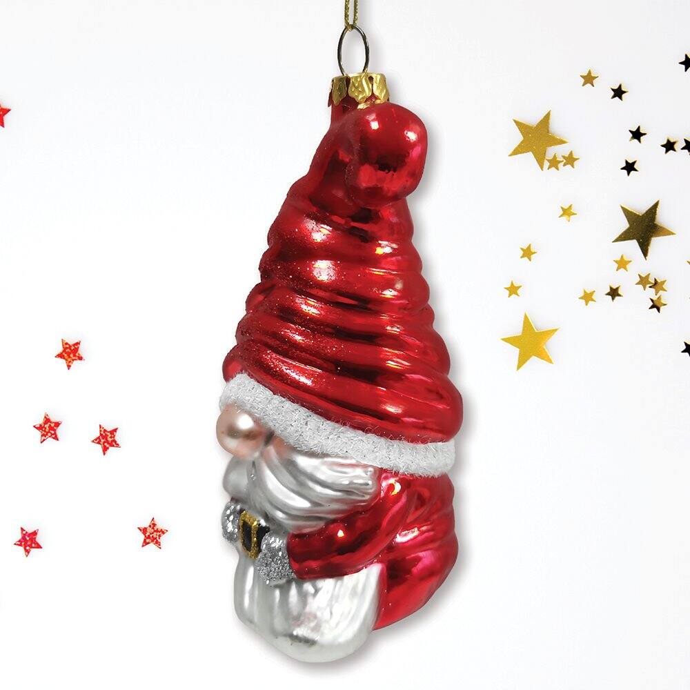 Left. OrnamentallyYou - Vibrant Santa Gnome Glass Christmas Ornament - Multi-colored.