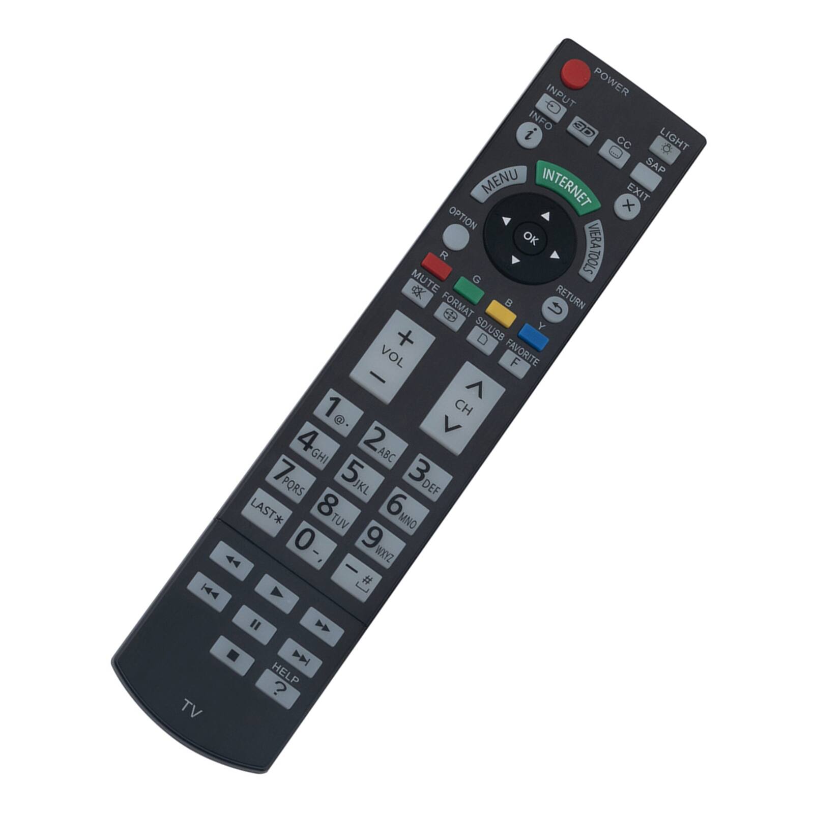 Sure, here is the corrected and grouped text from the image:

**Top Section:**
- POWER
- INPUT
- INFO
- 3D
- CC
- LIGHT
- SAP
- MENU
- INTERNET
- EXIT
- OPTION
- OK
- VIERA
- ERATOOLS
- MUTE
- RETURN
- FORMAT
- U
- 89
- SO/USB
- Y
- +
- VOL
- FAVORITE
- F
- 1
- 2
- 3
- 4
- 5
- 6
- 7
- 8
- 9
- 0
- -
- #
- 44
- Y
- [
- " A
- D
- HELP
- TV

**Middle Section:**
- VOL
- +
- -
- 1
- 2
- 3
- 4
- 5
- 6
- 7
- 8
- 9
- 0
- -
- #
- 44
- Y
- [
- " A
- D
- HELP
- TV

**Bottom Section: