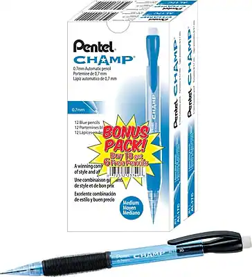 Pentel CHAMP
0.7mm Automatic Pencil
Portemine de 0.7 mm
Lápiz automático de 0.7 mm
Medium
Moyen
Mediano
BONUS PACK!
Buy 18 get 6 Free
A winning combination of style and value
Une combinaison de style et de bon prix
Excepcional combinación de estilo y buen precio
12 Blue pencils
12 Lápices azules
12 Portemines azules
Pentel CHAMP
0.7mm
Automatic Pencil
Lápiz automático