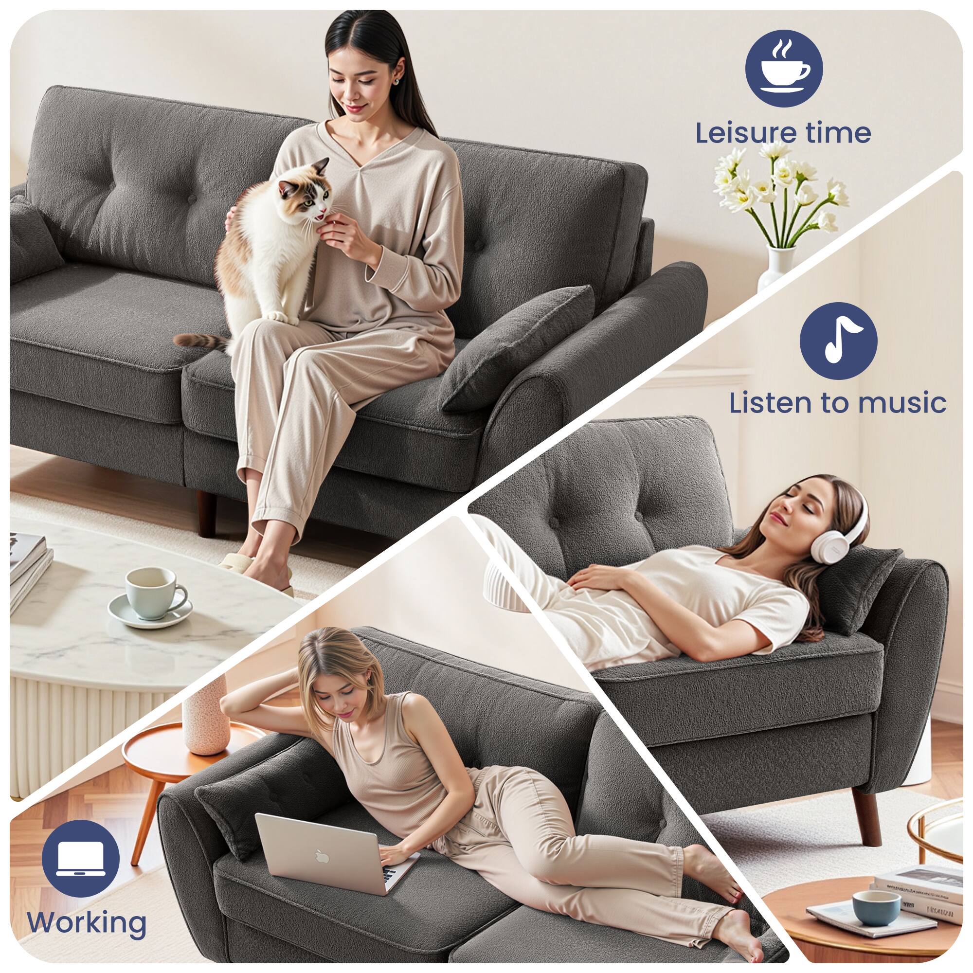 Leisure time  
Listen to music  
Working