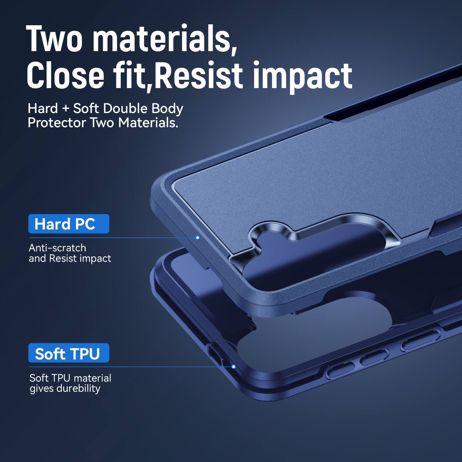 Two materials, Close fit, Resist impact  
Hard + Soft Double Body Protector Two Materials.  

Hard PC  
Anti-scratch and Resist impact  

Soft TPU  
Soft TPU material gives durability