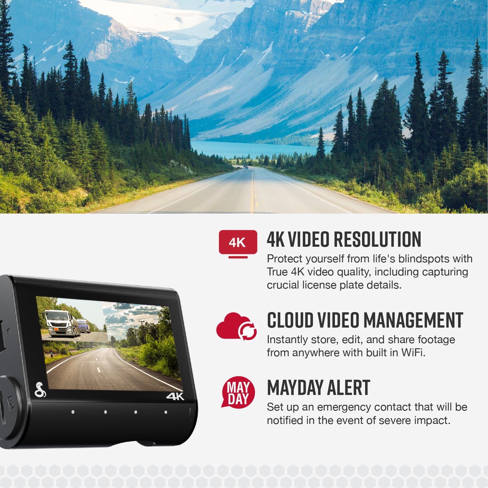 The text on the image is grouped and corrected as follows:
1. 4K Video Resolution: Protect yourself from life's blindspots with True 4K video quality, including capturing crucial license plate details.
2. Cloud Video Management: Instantly store, edit, and share footage from anywhere with built-in WiFi.
3. Mayday Alert: Set up an emergency contact that will be notified in the event of severe impact.