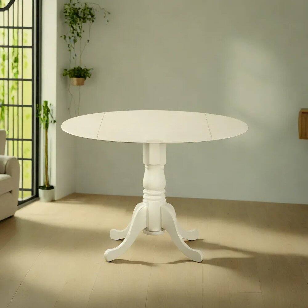 Angle. FurniFact - Compact Round Dining Table with Drop Leaves – Ideal for Small Spaces - Linen White.