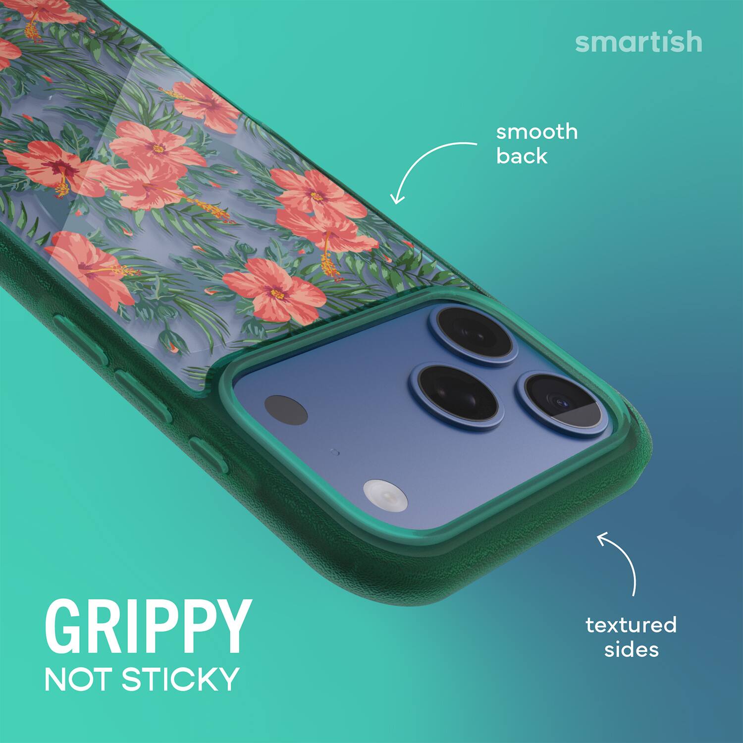 smartish  
smooth back  
textured sides  
GRIPPY NOT STICKY