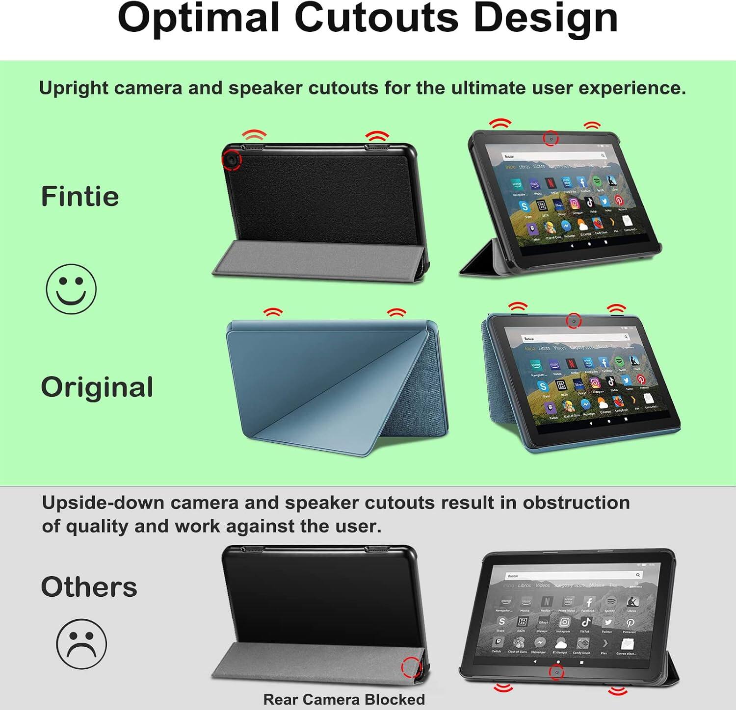 Optimal Cutouts Design

Upright camera and speaker cutouts for the ultimate user experience.

Fintie
Original

Upside-down camera and speaker cutouts result in obstruction of quality and work against the user.

Others

Rear Camera Blocked