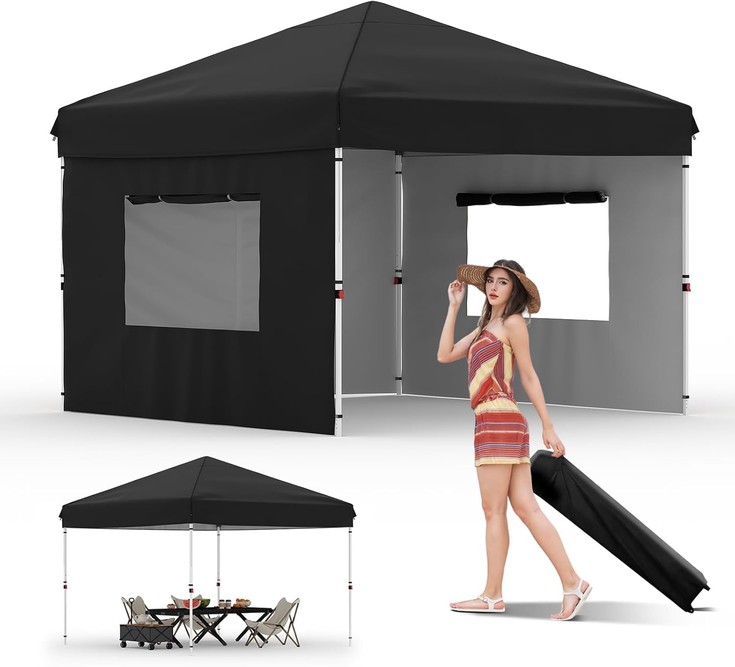 Front. Acekool - 10'x10' Pop-Up Canopy Tent with 3 Sidewalls, Waterproof UV Sun Shade Gazebo, Easy Setup, Black.