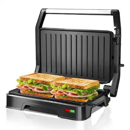 Front. KEINVE - Panini Grill Press - 2-Slice, 180° Opening, Non-Stick Aluminum Plates for Versatile Grilling, Toasting, 850W - Black.