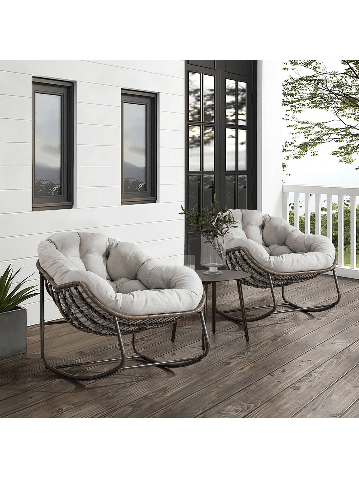 Alt View 6. Trinkets Crazed - Outdoor Patio Rocking Chair, Comfy Wicker Rocker Chair With Padded Cushion, Oversized Rattan Papasan Egg Chair - Beige.