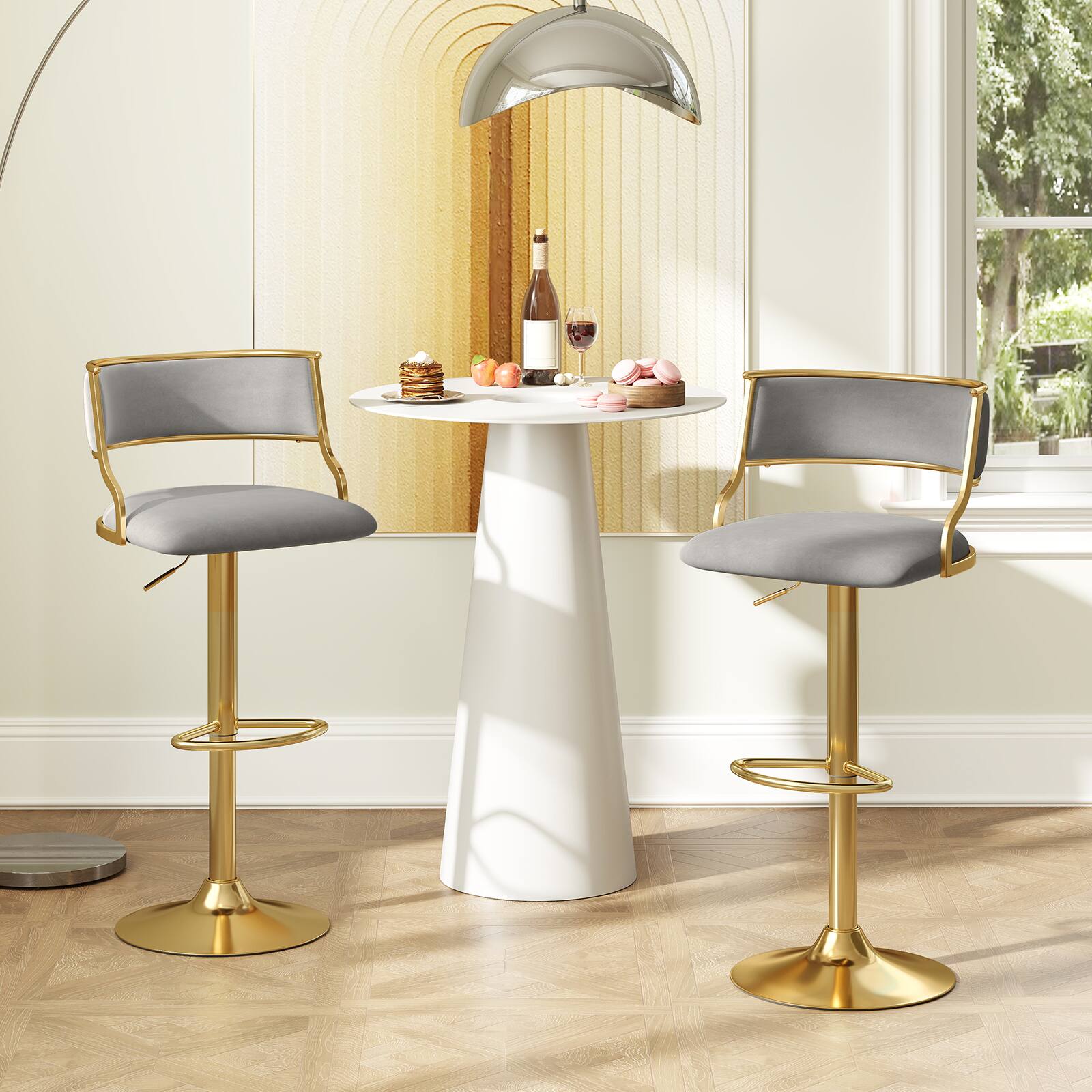 Alt View 4. Gymax - Gymax Swivel Bar Stool Set of 4 w/ Barrel Back & Footrest Metal Base for Home Bar - Grey + Gold.