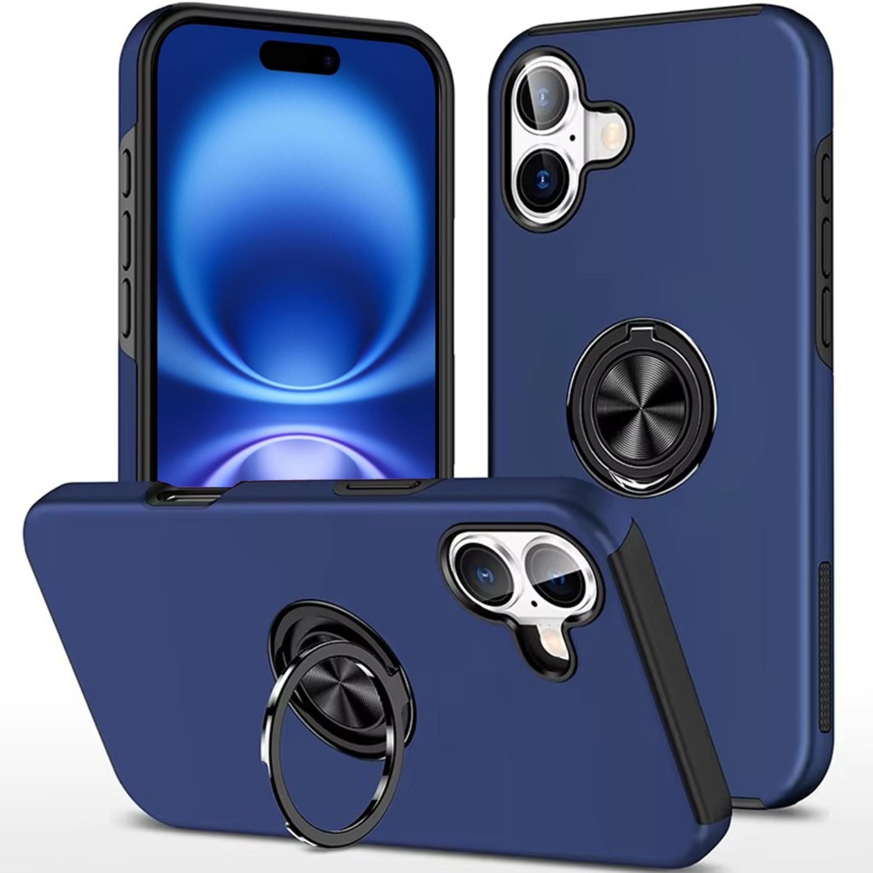Kitcheniva - Rubberized Dual Layer Metal Ring Stand Cover Plus Tempered Glass For iPhone 17 - Dark Blue price history on PriceWatchPro