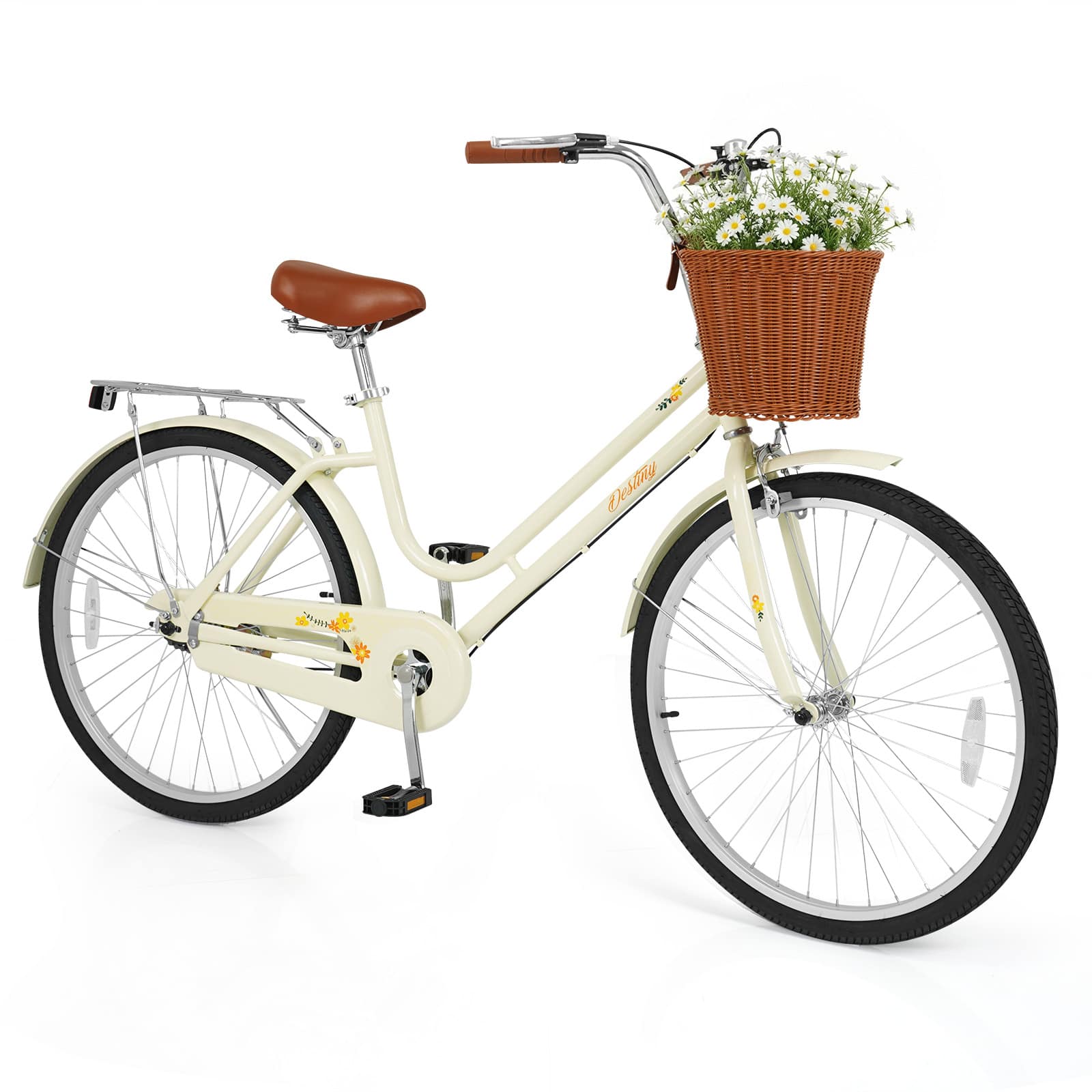 Costway - 24-Inch Beach Cruiser Bike,with Adjustable Seat, Woven Basket & Rear Rack - Beige